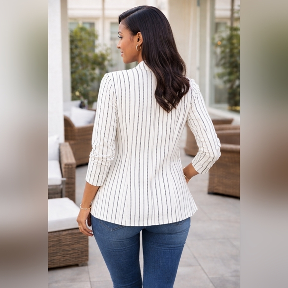 Chico’s White Black Striped Open Front Blazer Jacket Size 4/6 Capsule Wardrobe - Picture 2 of 11